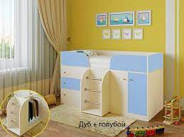 Кровать-чердак Малыш-4 Дуб молочный/Голубой в Ижевске - izhevsk.katalogmebeli.com | фото