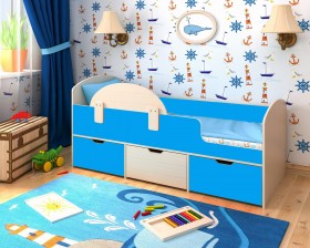 Кровать Малыш-мини с бортиком Дуб молочный/Голубой в Ижевске - izhevsk.katalogmebeli.com | фото
